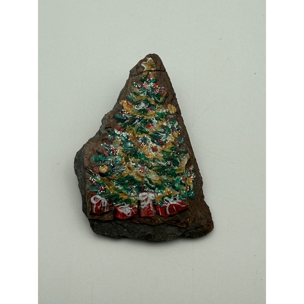Hand Painted Christmas Tree Stone Brooch Pin Artisan Holiday Jewelry
